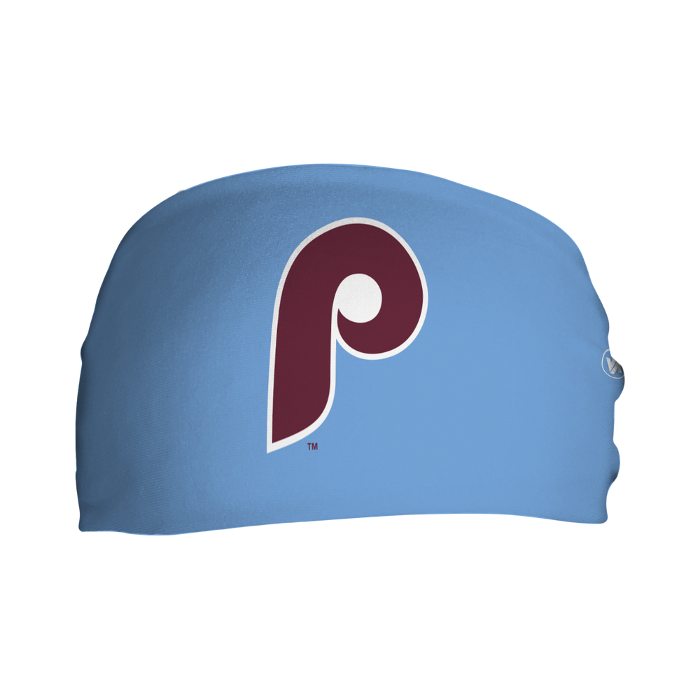 Front view of MLB Philadelphia Phillies light blue  headband with  alt cap logo. Made in USA, Vertical  Athletics brand. 