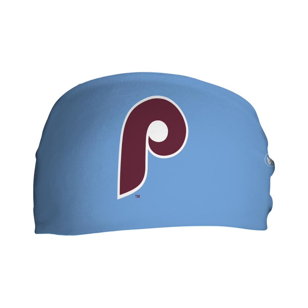 Front view of MLB Philadelphia Phillies light blue  headband with  alt cap logo. Made in USA, Vertical  Athletics brand. 