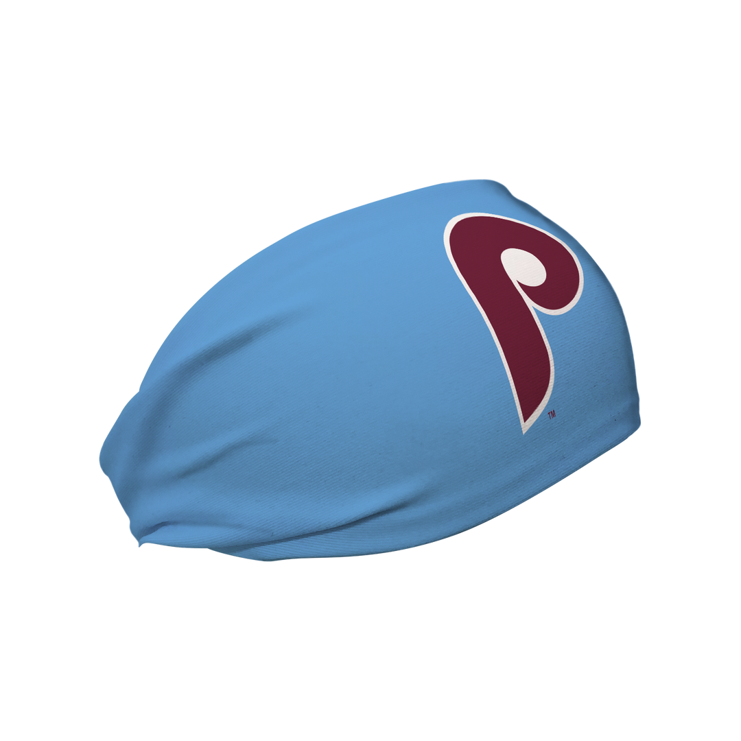 Side view of MLB Philadelphia Phillies light blue  headband with  alt cap logo. Made in USA, Vertical  Athletics brand. 