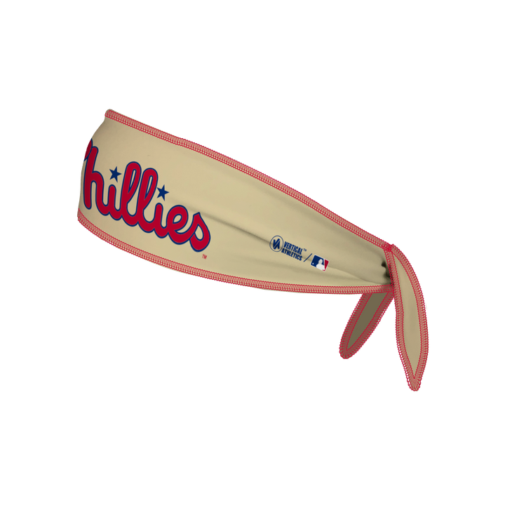 Side view of MLB Philadelphia Philies cream Tie-Back Cooling Headband with Alt Wordmark Logo . Made in USA, Vertical  Athletics brand.   