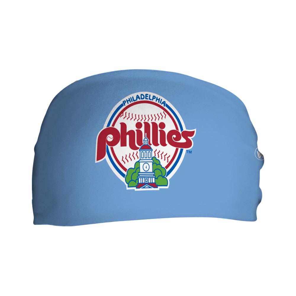 Front view of MLB Philadelphia Phillies light blue headband with alt coop logo. Made in USA, Vertical Athletics brand.