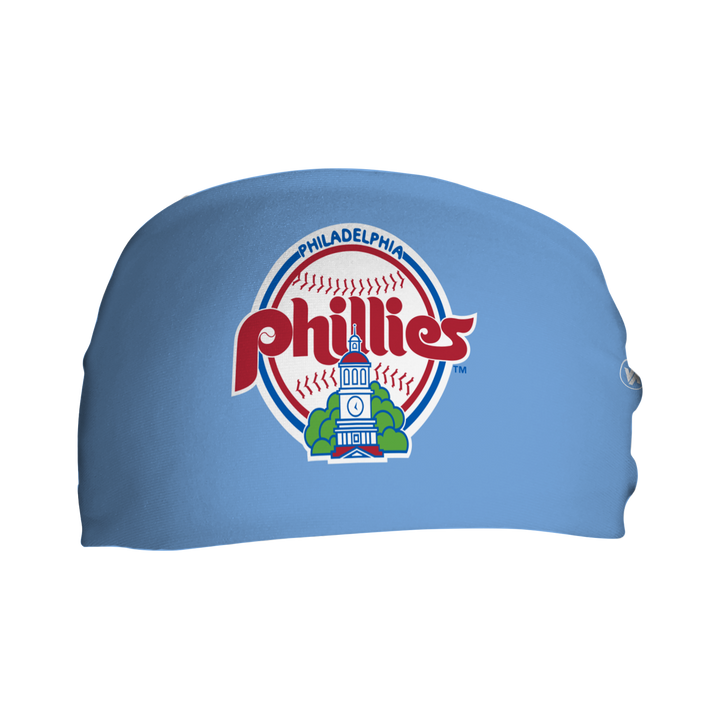 Front view of MLB Philadelphia Phillies light blue headband with alt coop logo. Made in USA, Vertical Athletics brand.