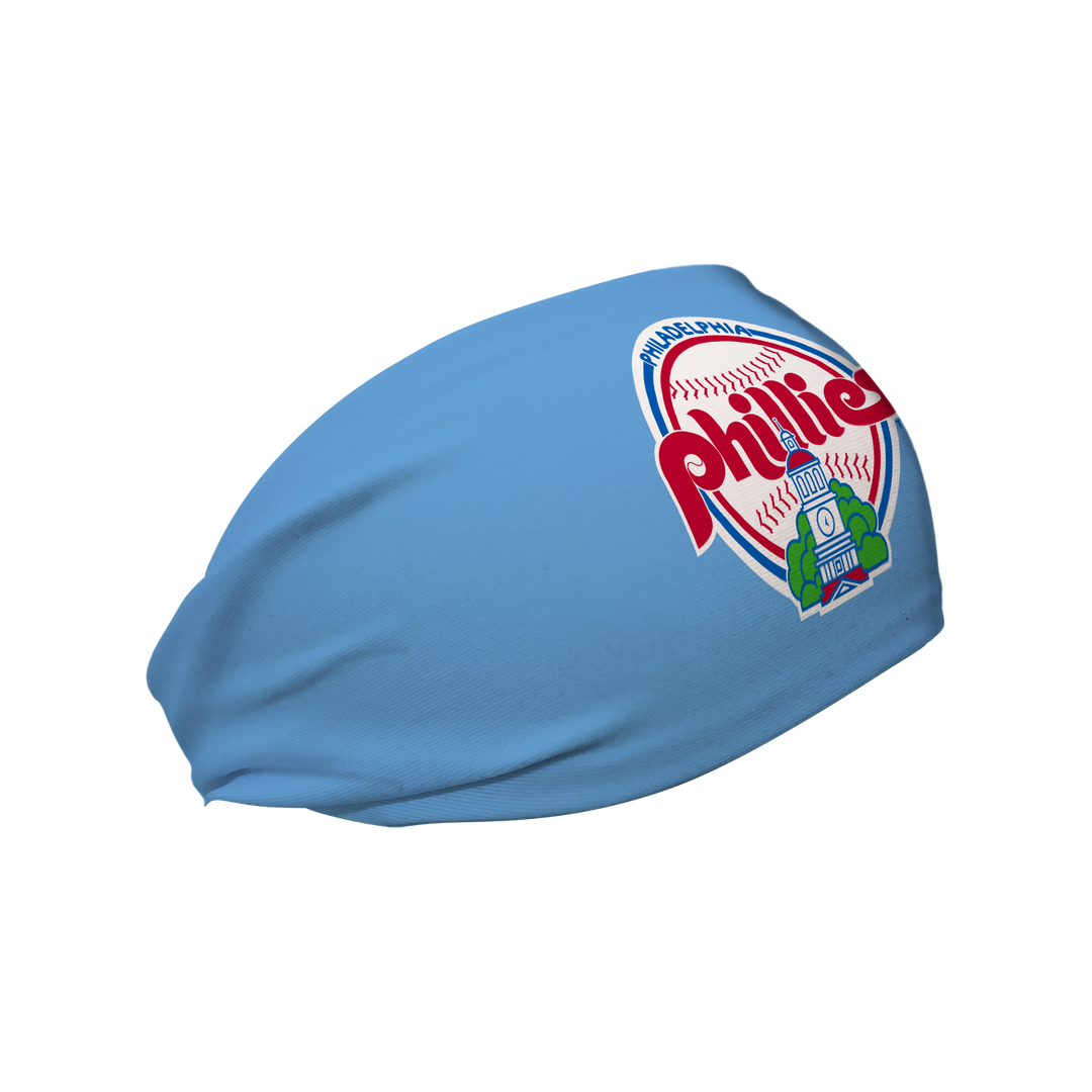 Side view of MLB Philadelphia Phillies light blue headband with alt coop logo. Made in USA, Vertical Athletics brand.