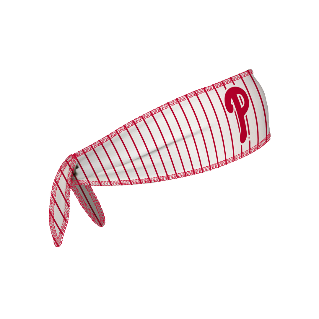 Side view of MLB Philadelphia Philies White Pinstripe Tie-Back Cooling Headband with Cap  Logo. Made in USA, Vertical Athletics brand.  