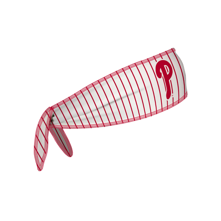 Side view of MLB Philadelphia Philies White Pinstripe Tie-Back Cooling Headband with Cap  Logo. Made in USA, Vertical Athletics brand.  