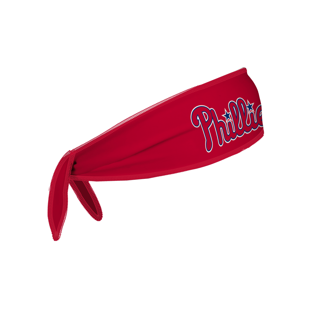 Side view of MLB Philadelphia Philies red Tie-Back Cooling Headband with Wordmark Logo . Made in USA, Vertical  Athletics brand.  
