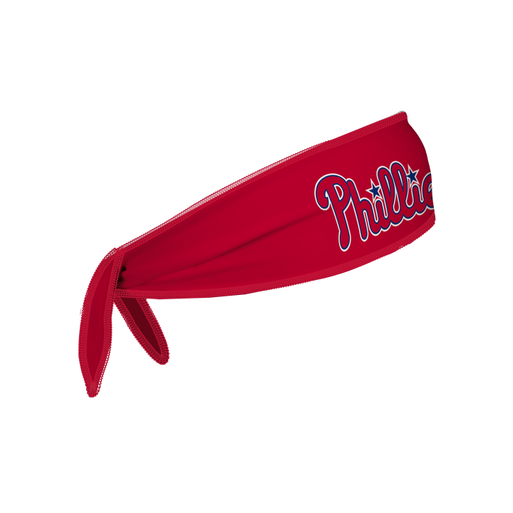 Side view of MLB Philadelphia Philies red Tie-Back Cooling Headband with Wordmark Logo . Made in USA, Vertical  Athletics brand.  