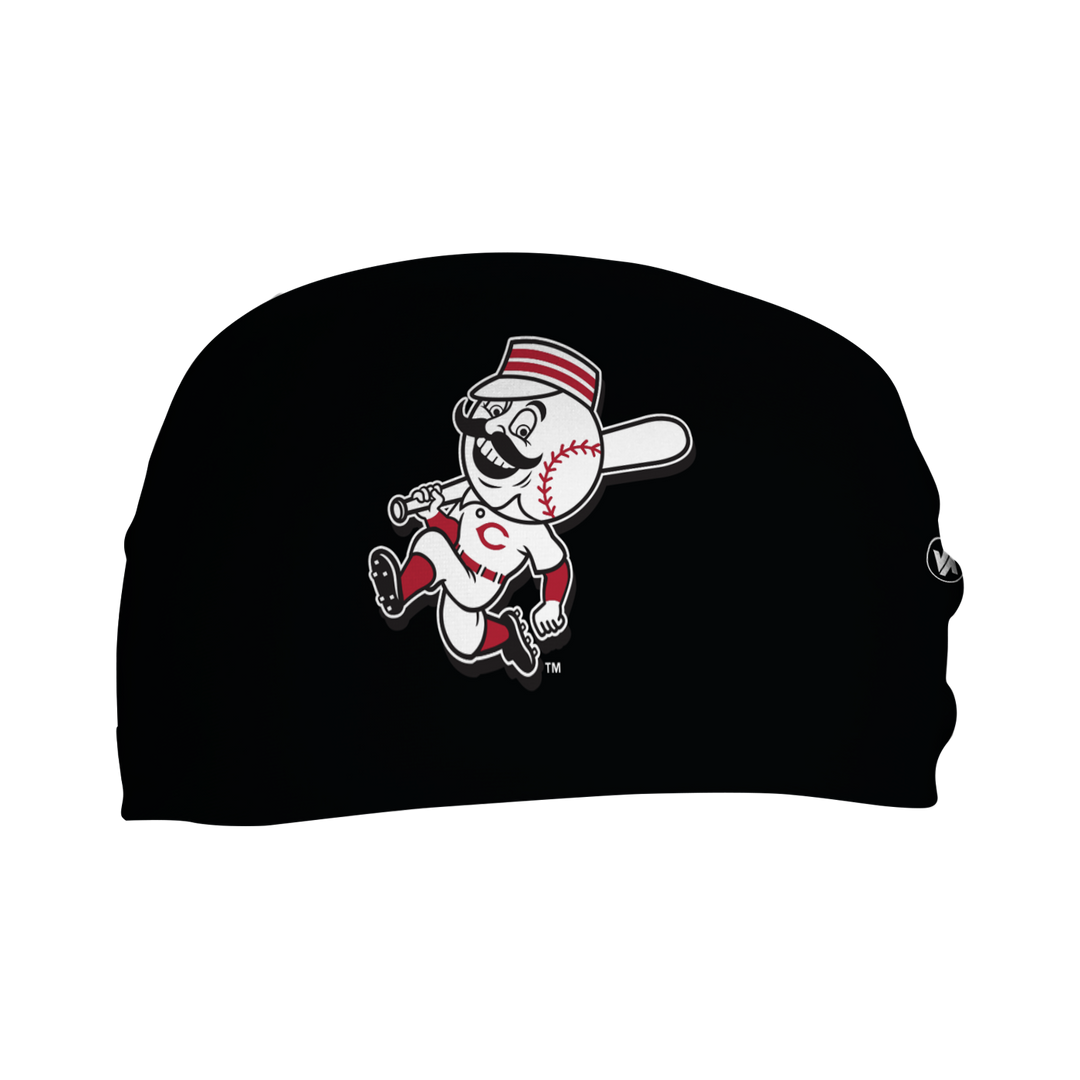 Front view of MLB Cincinnati Reds black headband with alt logo. Made in USA, Vertical Athletics brand.