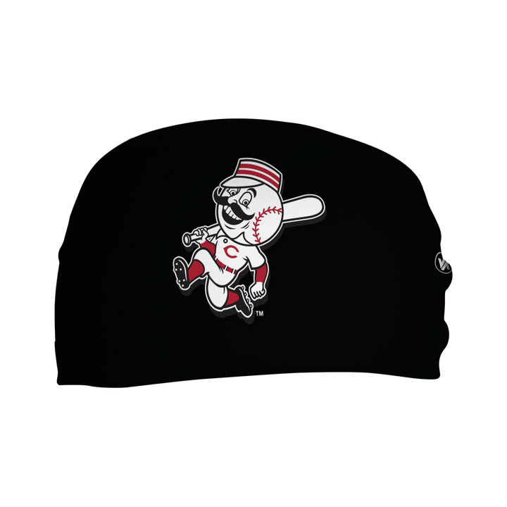 Front view of MLB Cincinnati Reds black headband with alt logo. Made in USA, Vertical Athletics brand.