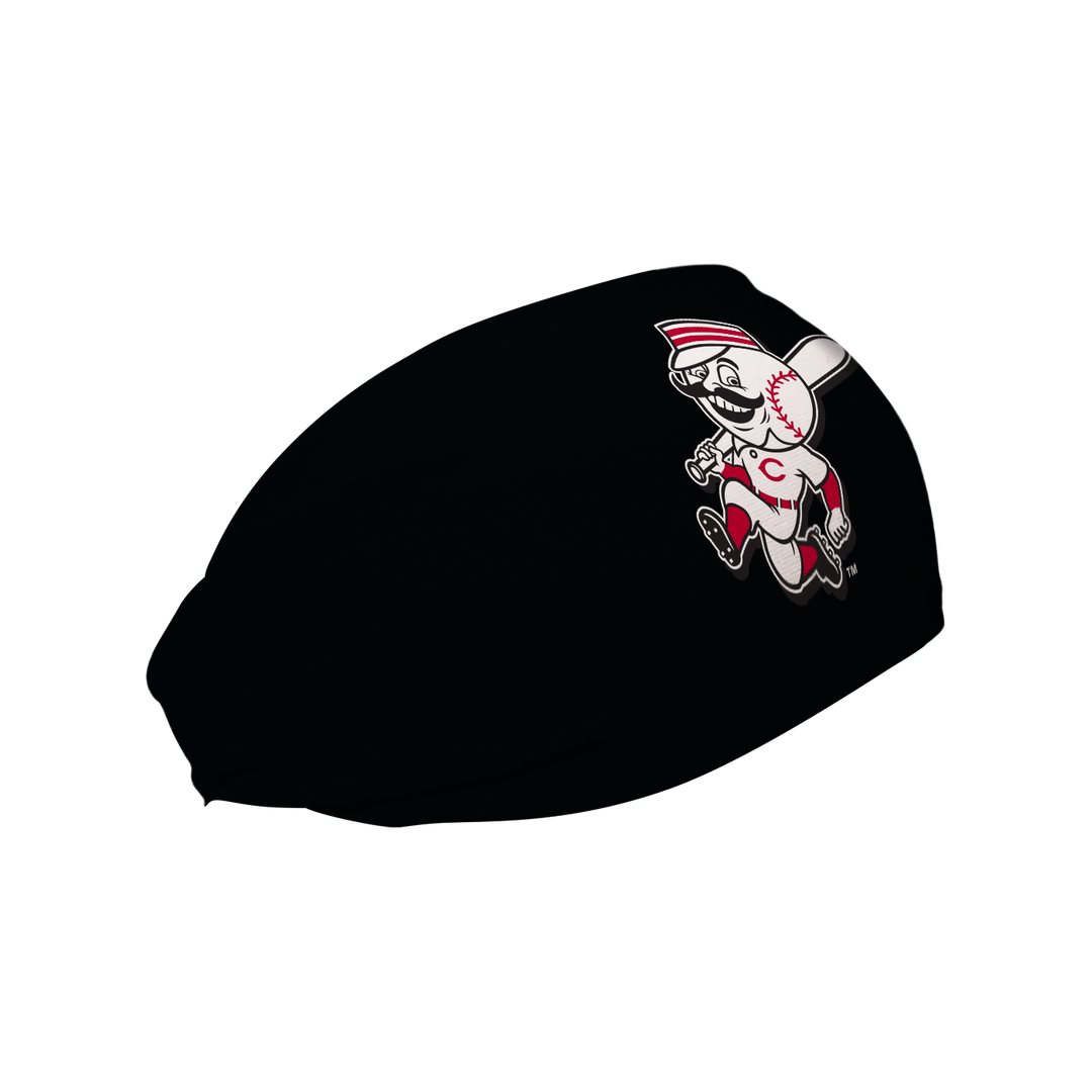 Side view of MLB Cincinnati Reds black headband with alt logo. Made in USA, Vertical Athletics brand.