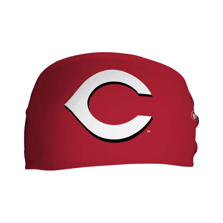 Side view of MLB Cincinnati Reds red headband with cap logo. Made in USA, Vertical Athletics brand.