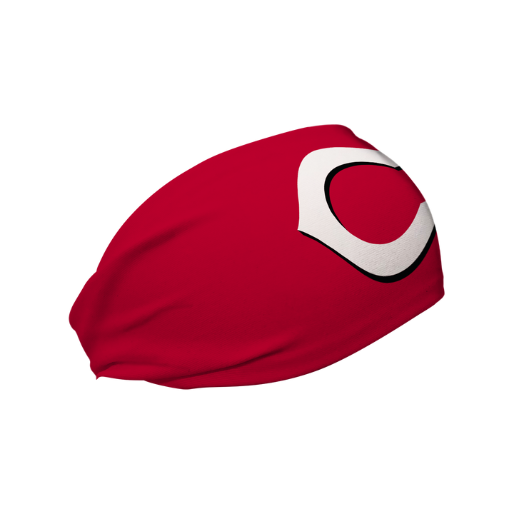 Side view of MLB Cincinnati Reds red headband with cap logo. Made in USA, Vertical Athletics brand.