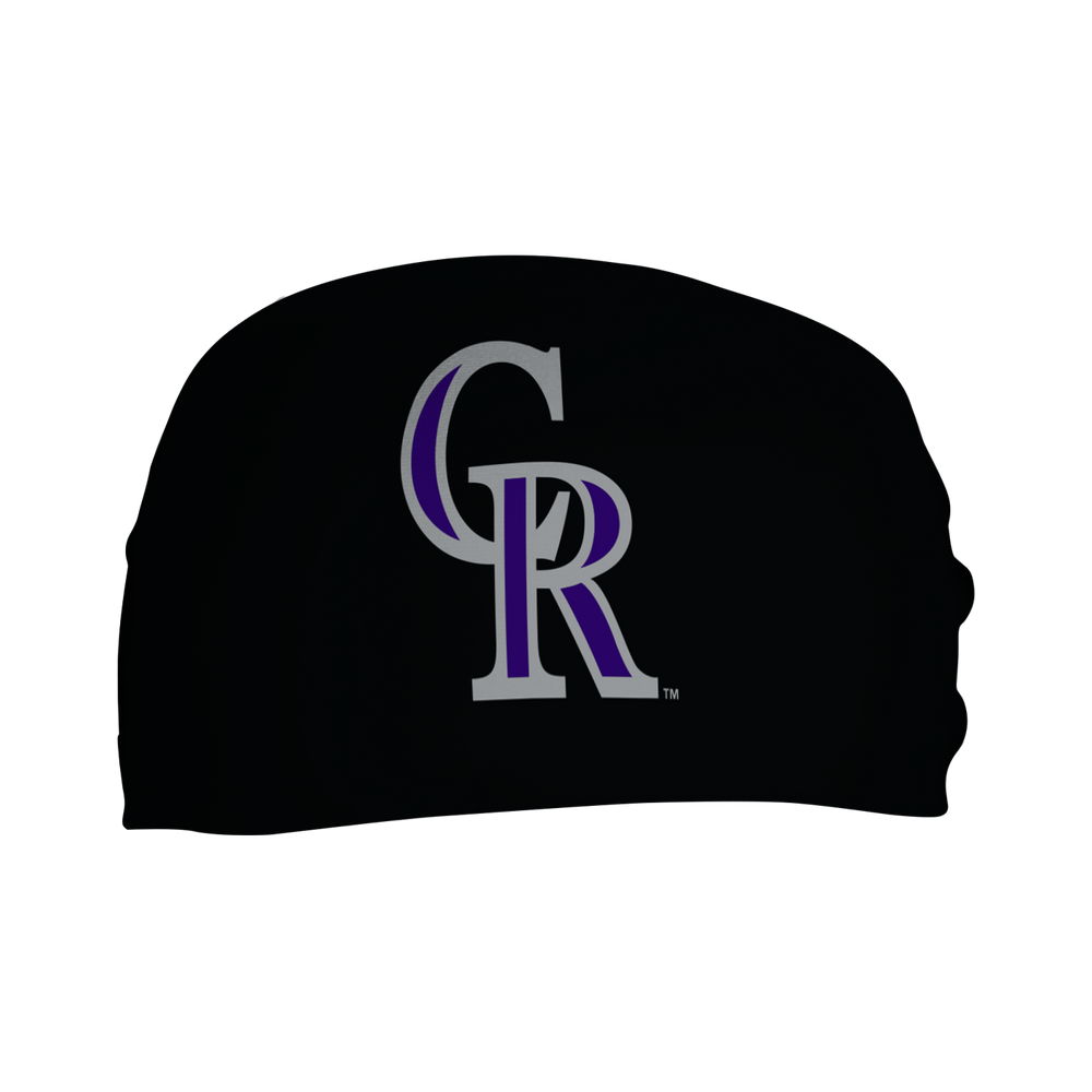 Front view of MLB Colorado Rockies black  headband with cap  logo. Made in USA, Vertical Athletics brand.  
