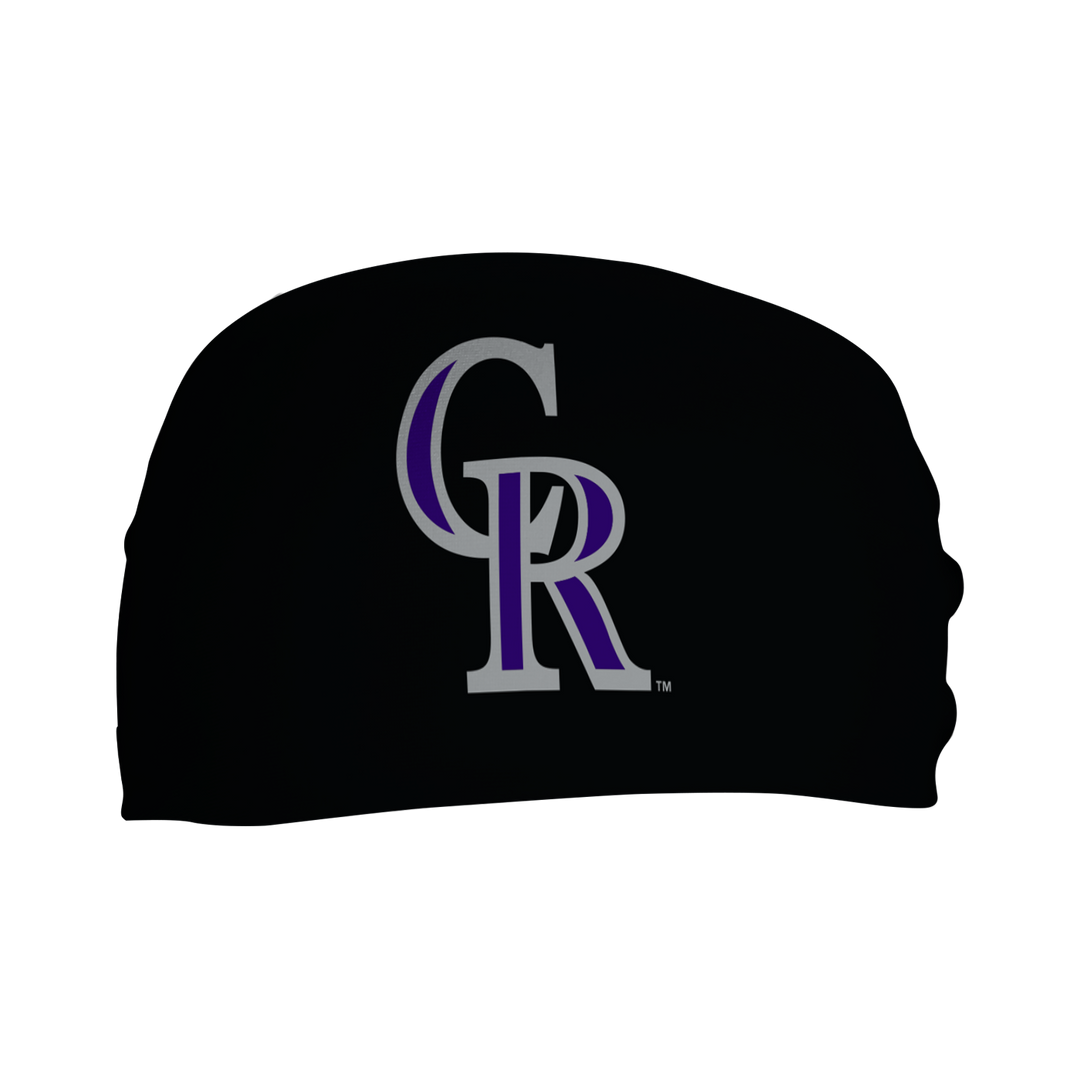 Front view of MLB Colorado Rockies black  headband with cap  logo. Made in USA, Vertical Athletics brand.  