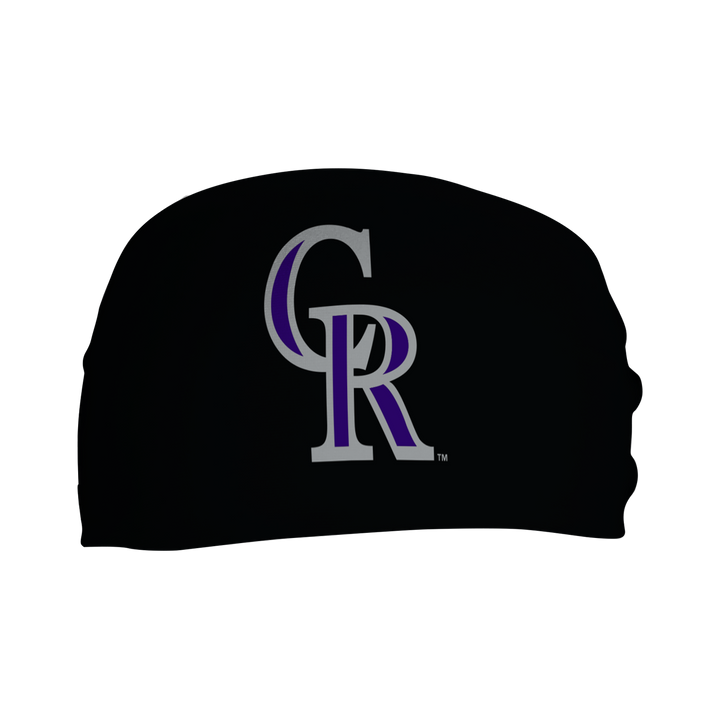 Front view of MLB Colorado Rockies black  headband with cap  logo. Made in USA, Vertical Athletics brand.  