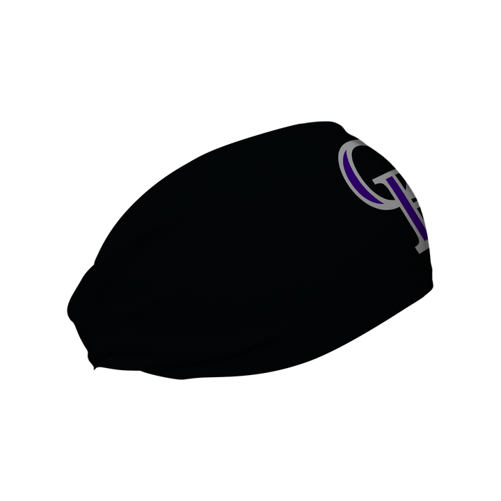 Side view of MLB Colorado Rockies black  headband with cap  logo. Made in USA, Vertical Athletics brand.  