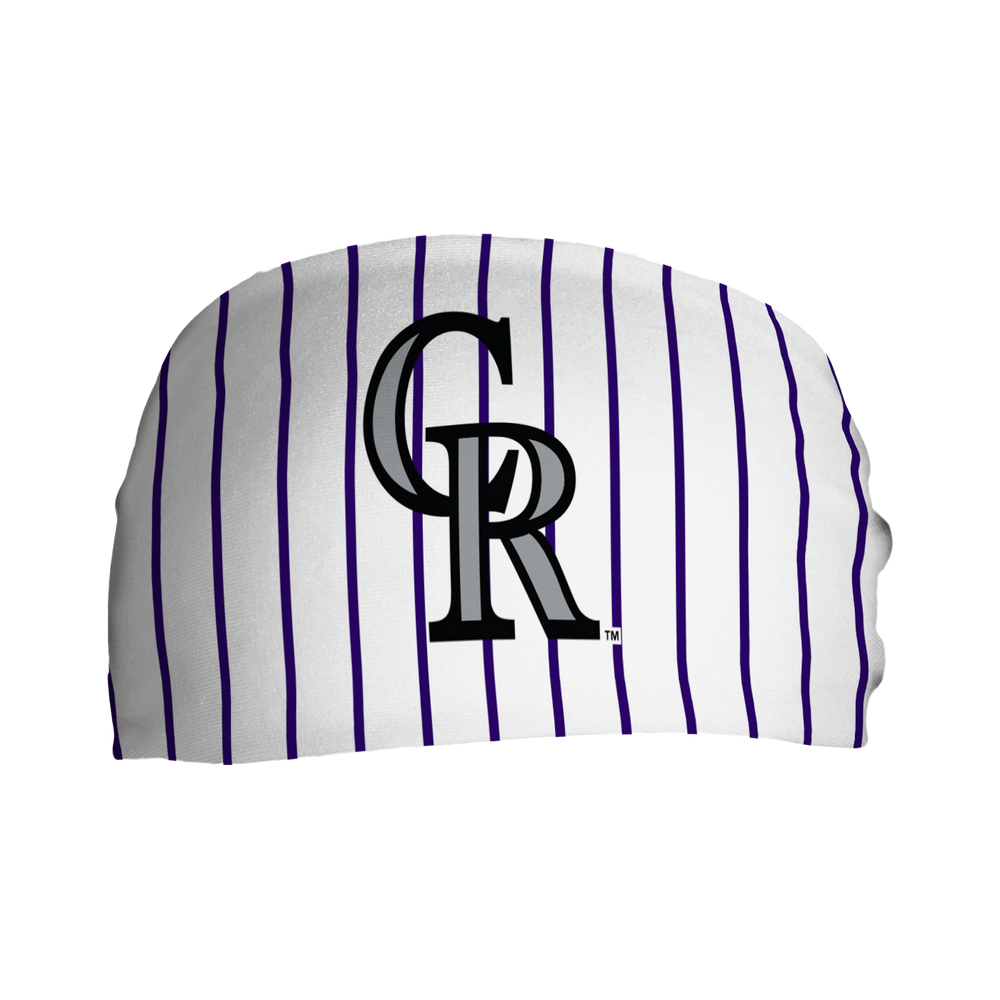 Side view of Colorado Rockies Pinstripe headband with alt cap logo. Made in USA, Vertical Athletics brand. 