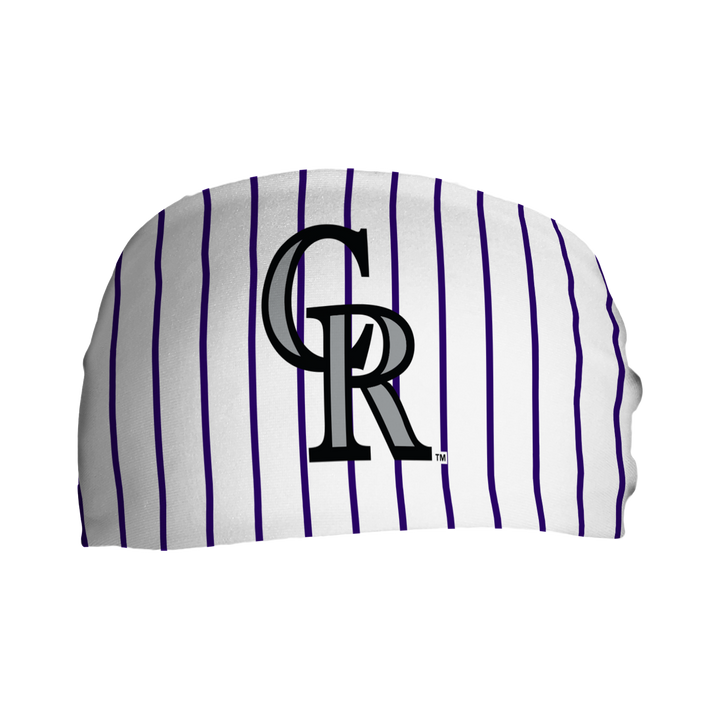 Side view of Colorado Rockies Pinstripe headband with alt cap logo. Made in USA, Vertical Athletics brand. 