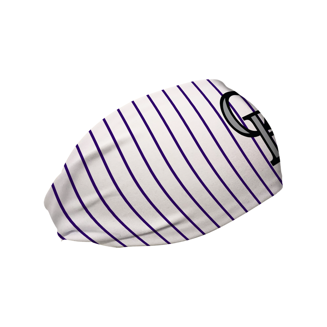 Side view of Colorado Rockies Pinstripe headband with alt cap logo. Made in USA, Vertical Athletics brand. 