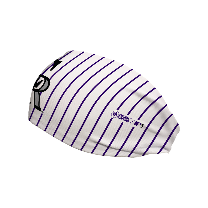 Side view of Colorado Rockies Pinstripe headband with alt cap logo. Made in USA, Vertical Athletics brand. 