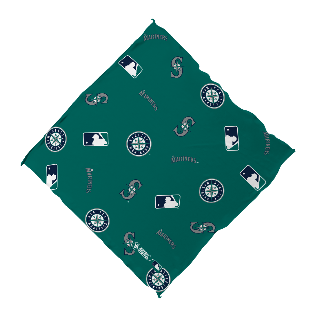 Unfolded view of MLB Seattle Mariners teal bandana with logos all over. Made in USA, Vertical Athletics brand.  