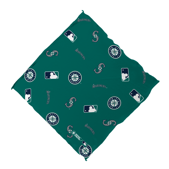 Unfolded view of MLB Seattle Mariners teal bandana with logos all over. Made in USA, Vertical Athletics brand.  