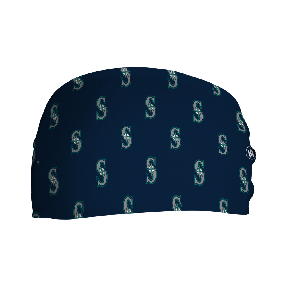 Front view of MLB Seattle Mariners navy headband with cap logo all over. Made in USA, Vertical Athletics brand.  