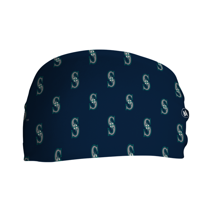 Front view of MLB Seattle Mariners navy headband with cap logo all over. Made in USA, Vertical Athletics brand.  