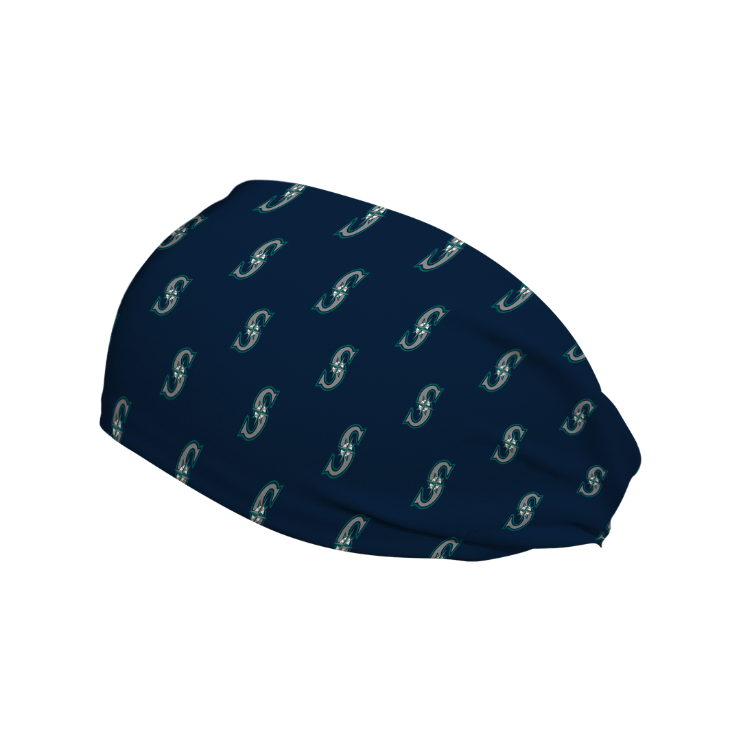 Side view of MLB Seattle Mariners navy headband with cap logo all over. Made in USA, Vertical Athletics brand.  