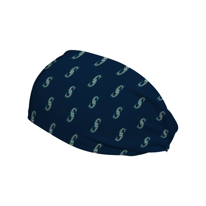 Side view of MLB Seattle Mariners navy headband with cap logo all over. Made in USA, Vertical Athletics brand.  