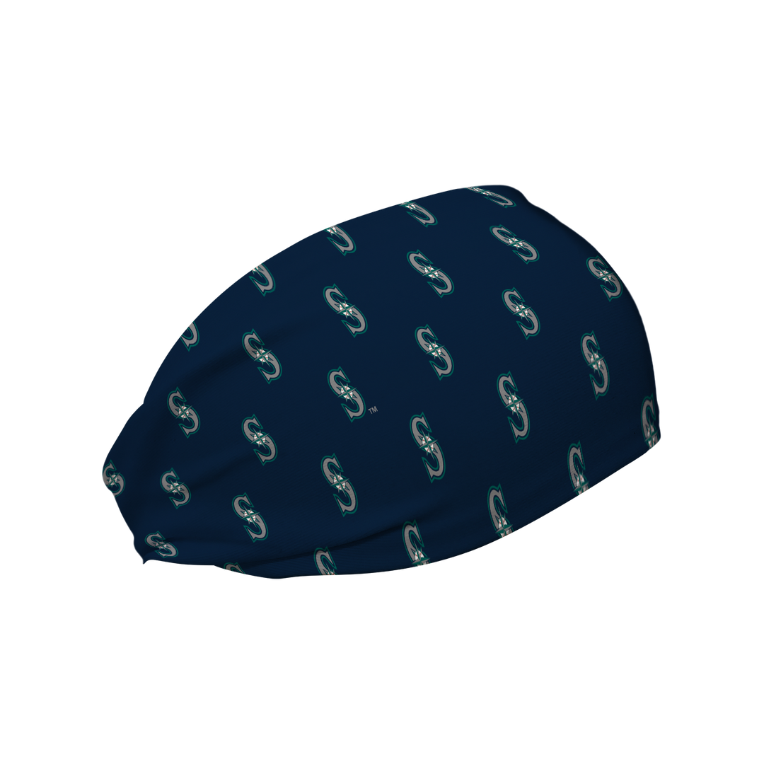 Side view of MLB Seattle Mariners navy headband with cap logo all over. Made in USA, Vertical Athletics brand.  