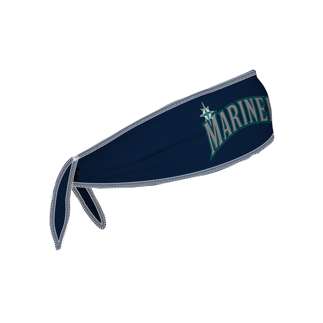 Side view of MLB Seatle Mariners navy headband with wordmark logo. Made in USA, Vertical Athletics brand.  
