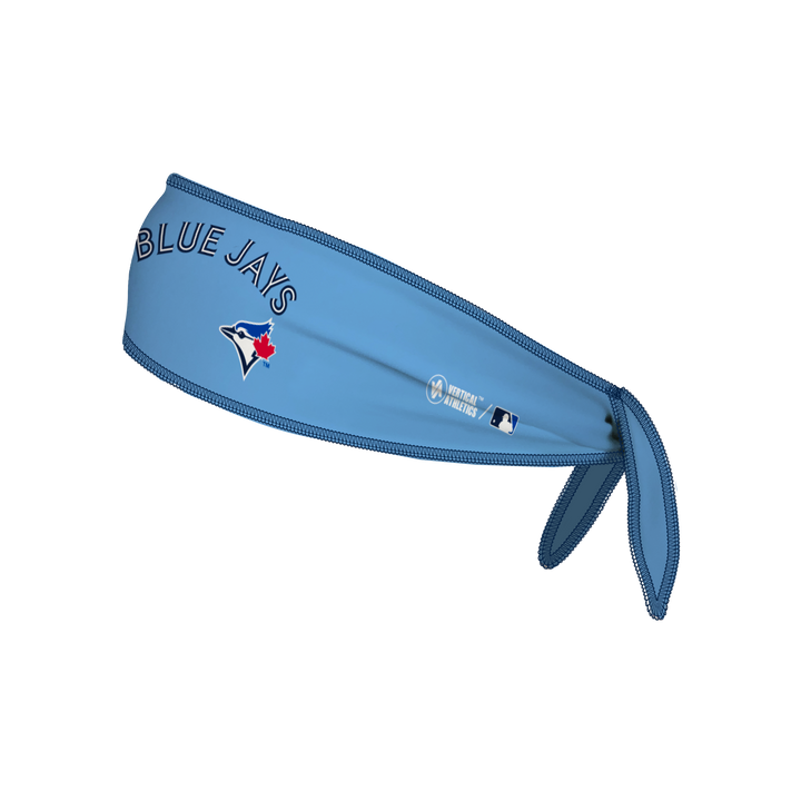 Side view of MLB Toronto Blue Jays light blue tieback headband with alt wordmark logo. Made in USA, Vertical Athletics brand.  