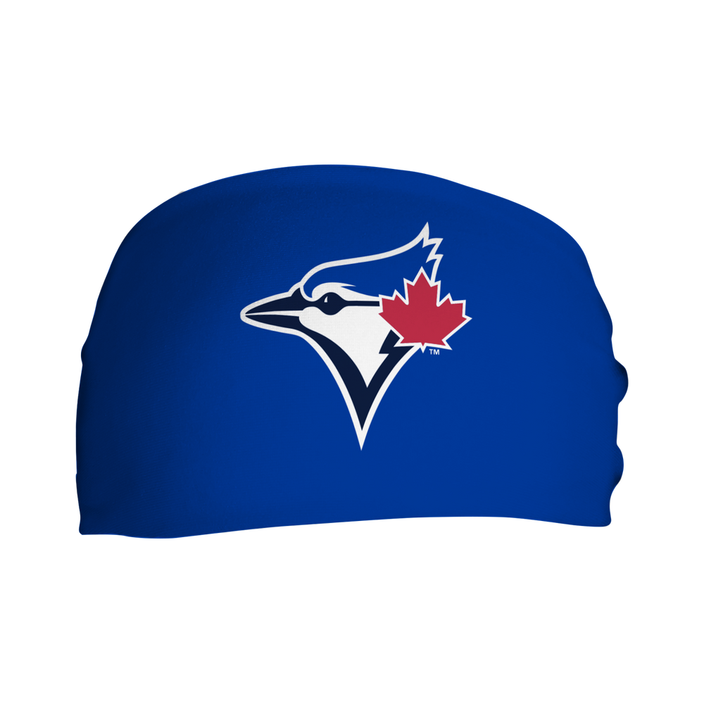 Front view of MLB Toronto Blue Jays  Blue headband with cap logo. Made in USA, Vertical Athletics brand.  
