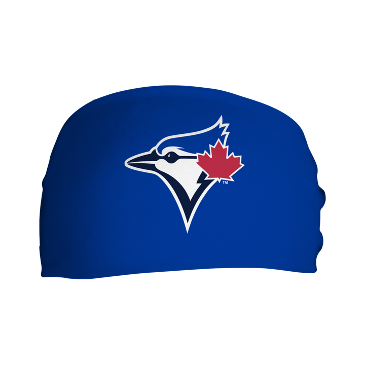 Front view of MLB Toronto Blue Jays  Blue headband with cap logo. Made in USA, Vertical Athletics brand.  