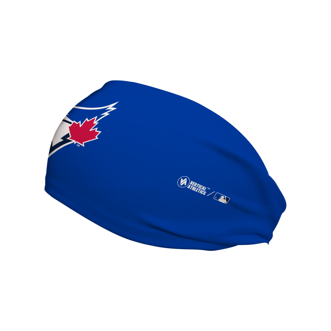 Side view of MLB Toronto Blue Jays  Blue headband with cap logo. Made in USA, Vertical Athletics brand.  