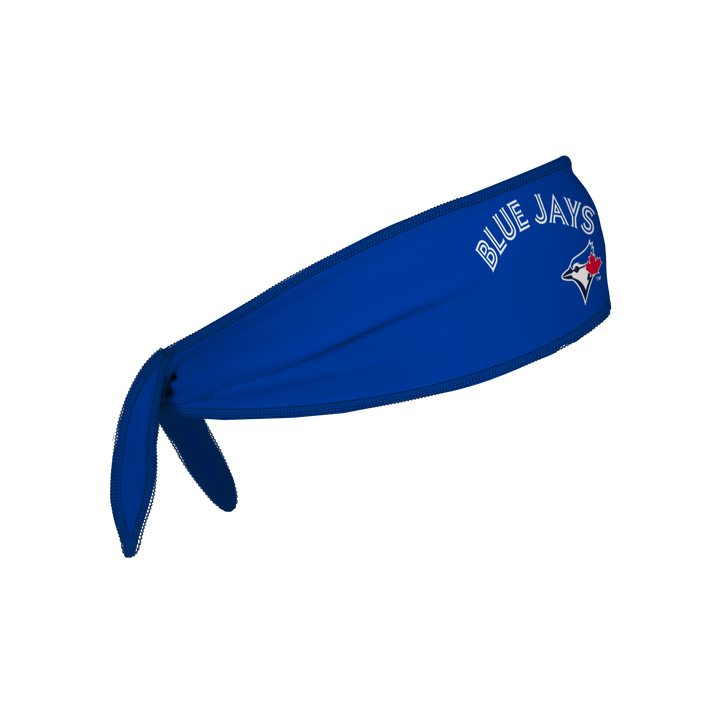 Side view of MLB Toronto Blue Jays royal tieback headband with wordmark logo. Made in USA, Vertical Athletics brand.  