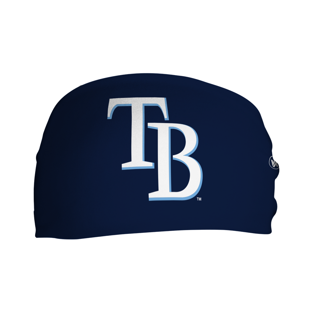 Front view of MLB Tampa Bay Rays navy headband with cap logo. Made in USA, Vertical Athletics brand. 
