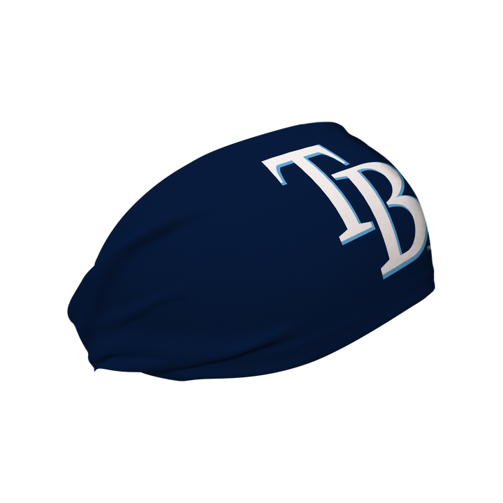 Side  view of MLB Tampa Bay Rays navy headband with cap logo. Made in USA, Vertical Athletics brand. 