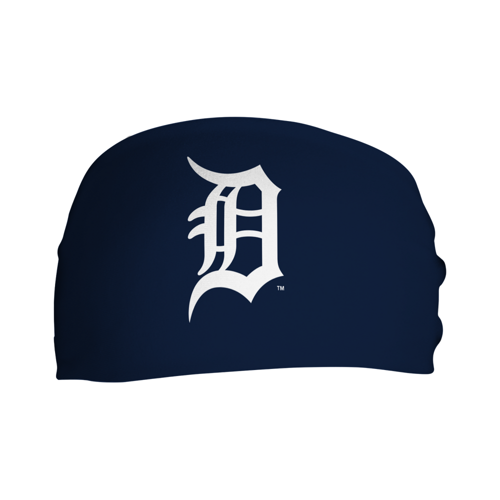 Front view of Detroit Tigers Navy  headband with cap logo. Made in USA, Vertical Athletics brand.  