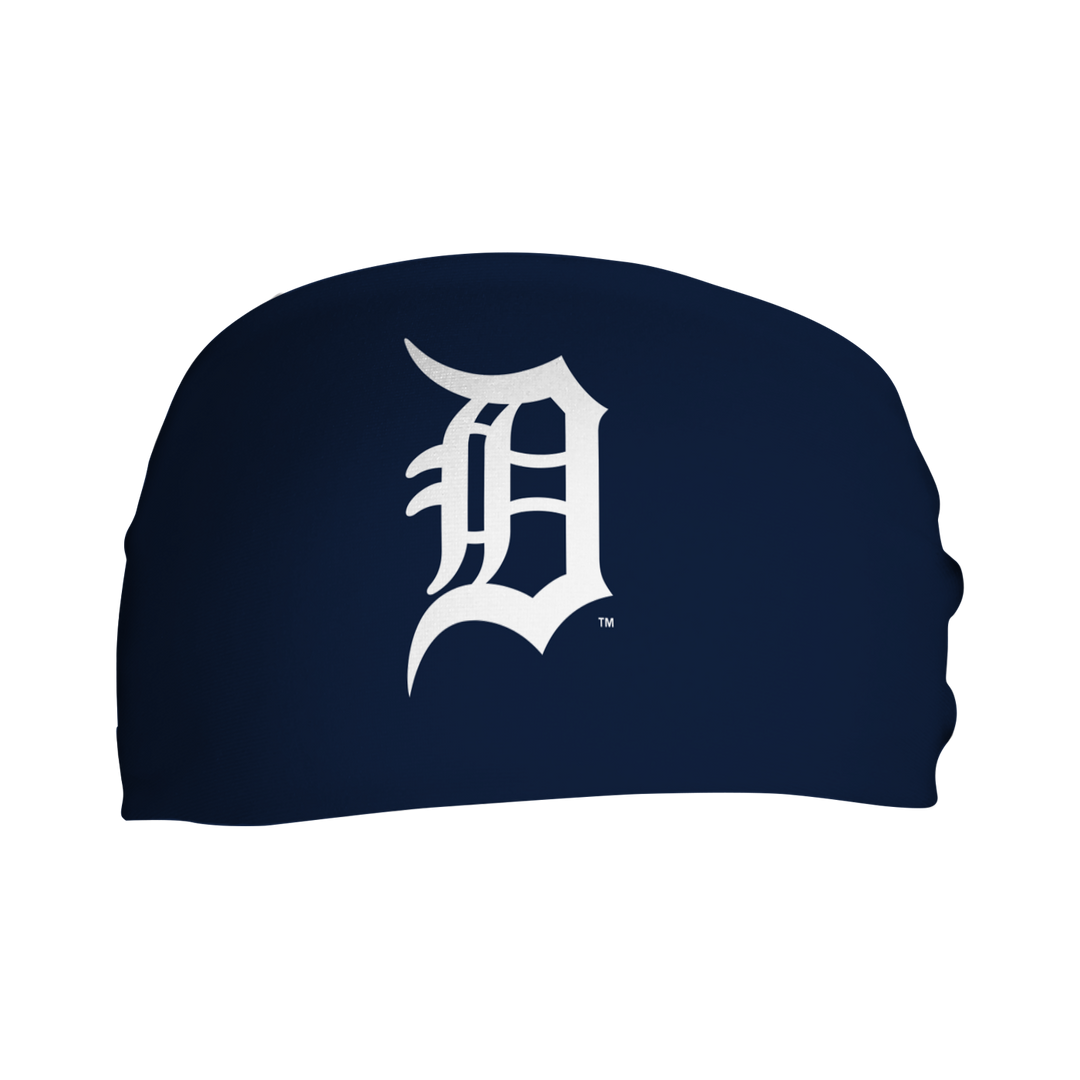 Front view of Detroit Tigers Navy  headband with cap logo. Made in USA, Vertical Athletics brand.  
