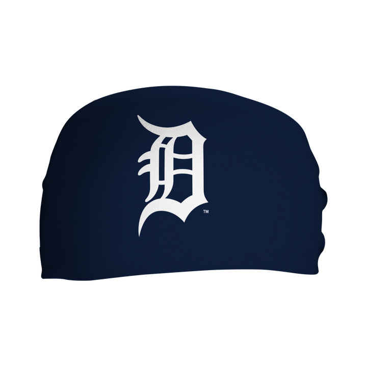 Front view of Detroit Tigers Navy  headband with cap logo. Made in USA, Vertical Athletics brand.  