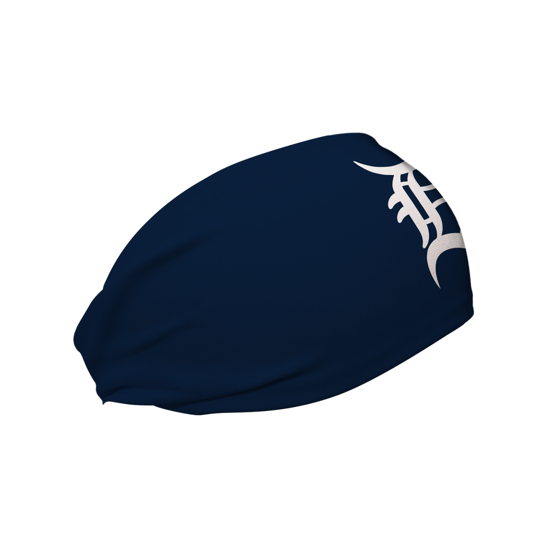 Side view of Detroit Tigers Navy  headband with cap logo. Made in USA, Vertical Athletics brand.  