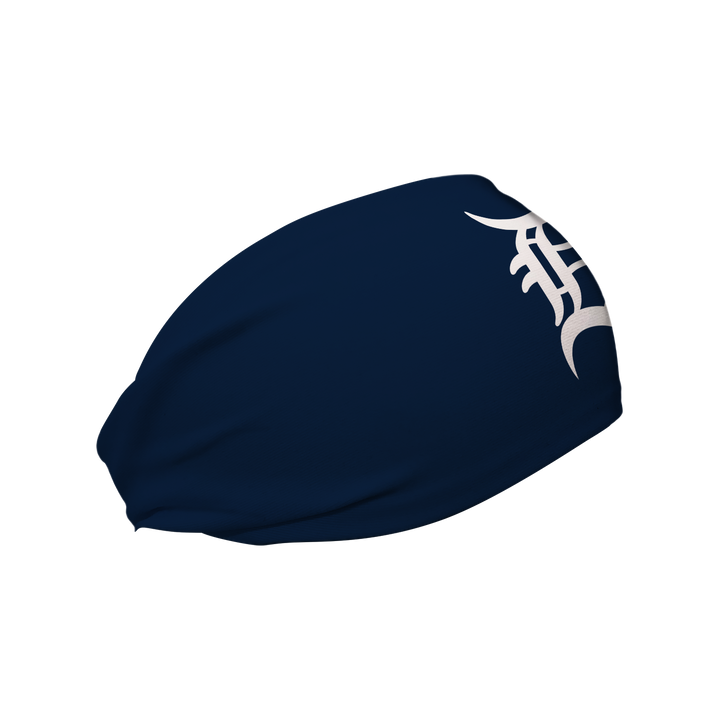 Side view of Detroit Tigers Navy  headband with cap logo. Made in USA, Vertical Athletics brand.  