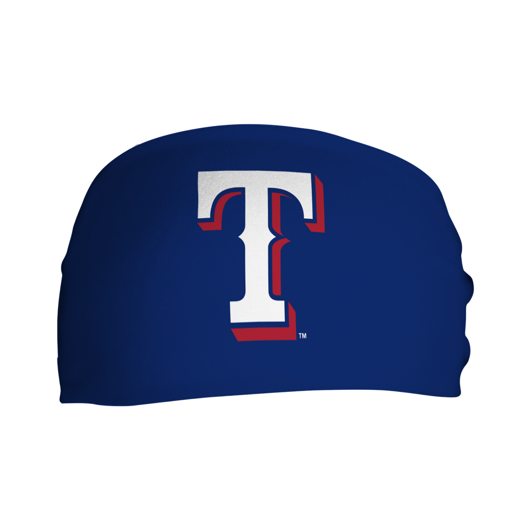 Front view of MLB Texas Rangers royal headband with cap logo. Made in USA, Vertical Athletics brand.  Not a Junk headband.  