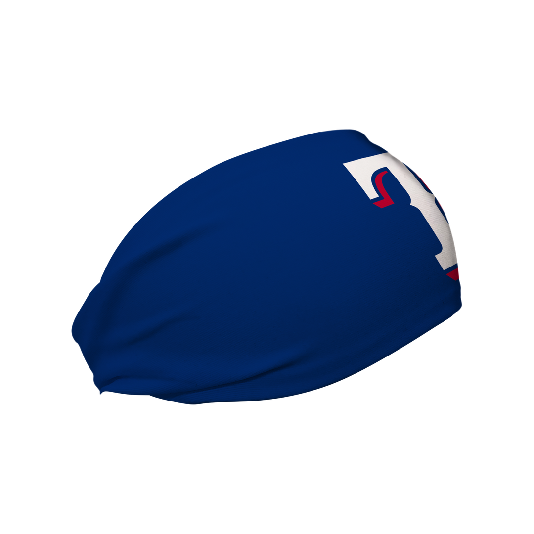 Side view of MLB Texas Rangers royal headband with cap logo. Made in USA, Vertical Athletics brand.  