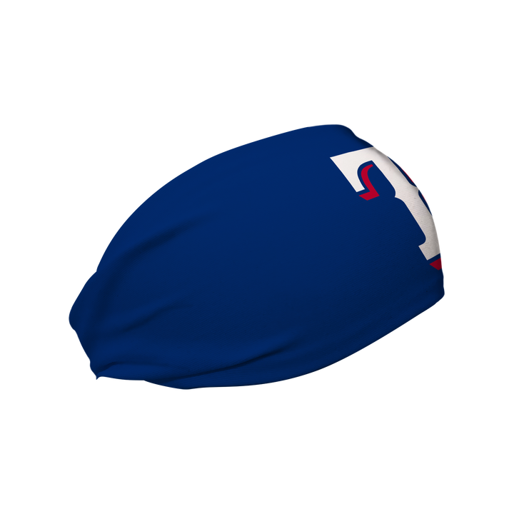 Side view of MLB Texas Rangers royal headband with cap logo. Made in USA, Vertical Athletics brand.  