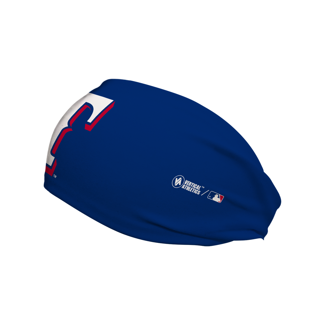 Side view of MLB Texas Rangers royal headband with cap logo. Made in USA, Vertical Athletics brand.