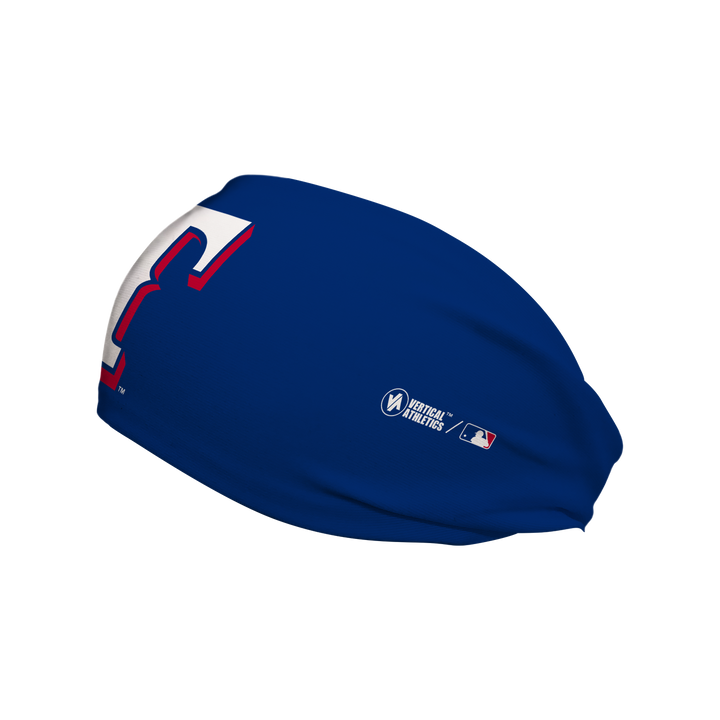 Side view of MLB Texas Rangers royal headband with cap logo. Made in USA, Vertical Athletics brand.
