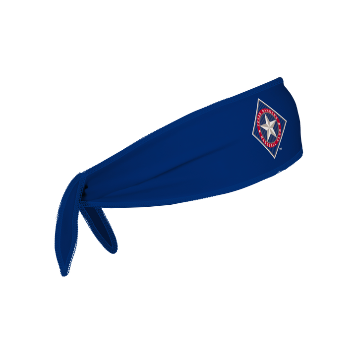 Side view of MLB Texas Rangers royal Tie-Back Cooling Headband with Coop Logo . Made in USA, Vertical  Athletics brand.   